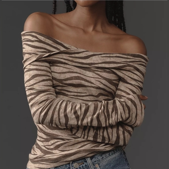 Pilcro Off-The-Shoulder Long-Sleeve Top, XL, Neutral Zebra Print - Picture 3 of 16
